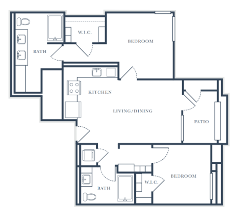 Floor plan for 2 beds, 2 baths, 1047 sqft